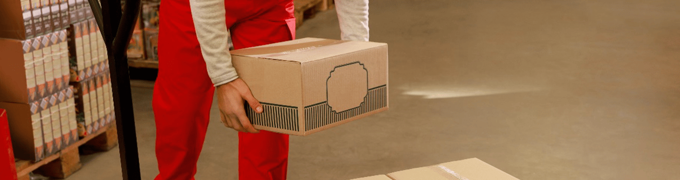 A worker lifting a box from a pallet jack.