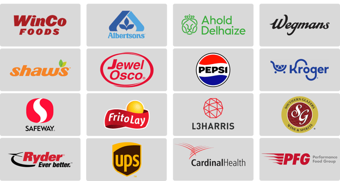 A collection of logos for companies partnered with Verve Motion, including UPS, FritoLay, Albertsons, Pepsi, Kroger, and Ryder.